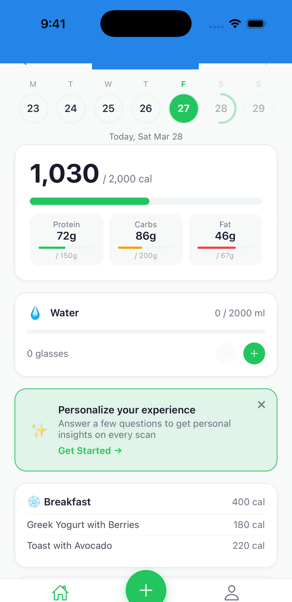 Nirra home screen with daily calories, macros, water, and the day's meals.
