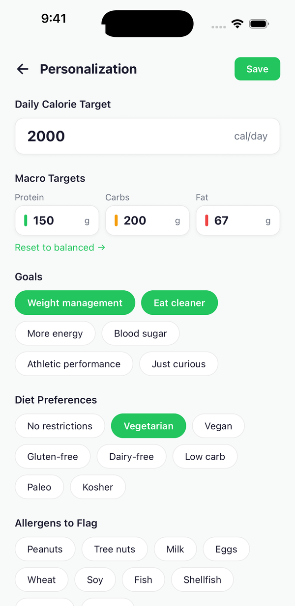 Nirra personalization screen with calorie target, macros, goals, diet preferences, and allergens.