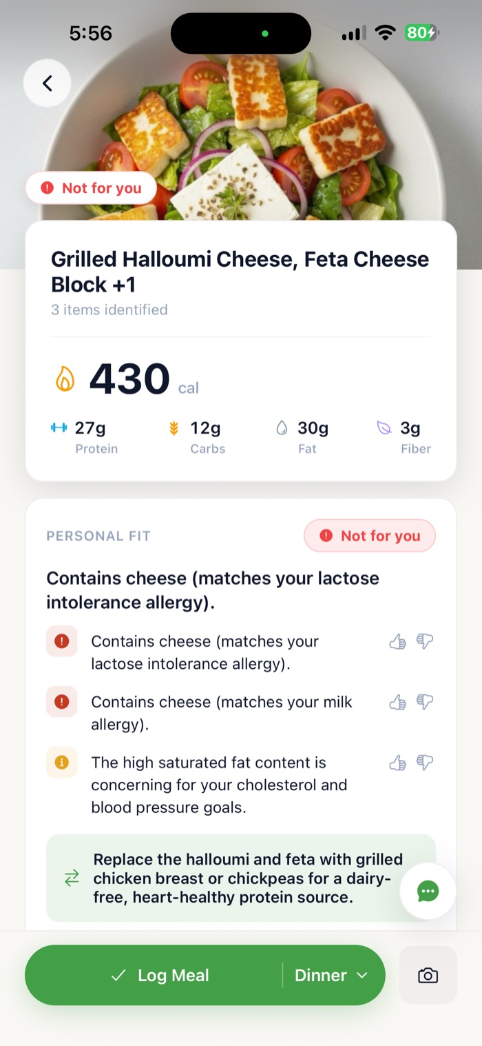 Nirra meal verdict screen showing the Personal Fit result with score and macros.
