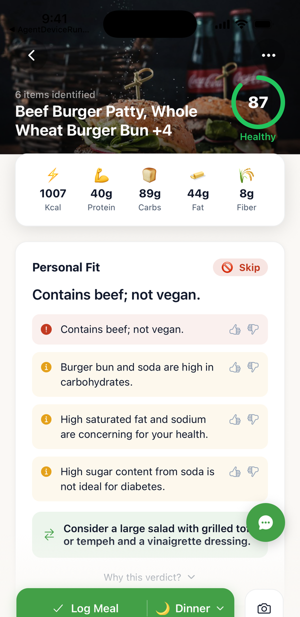 Nirra meal verdict screen showing the Personal Fit result with score and macros.